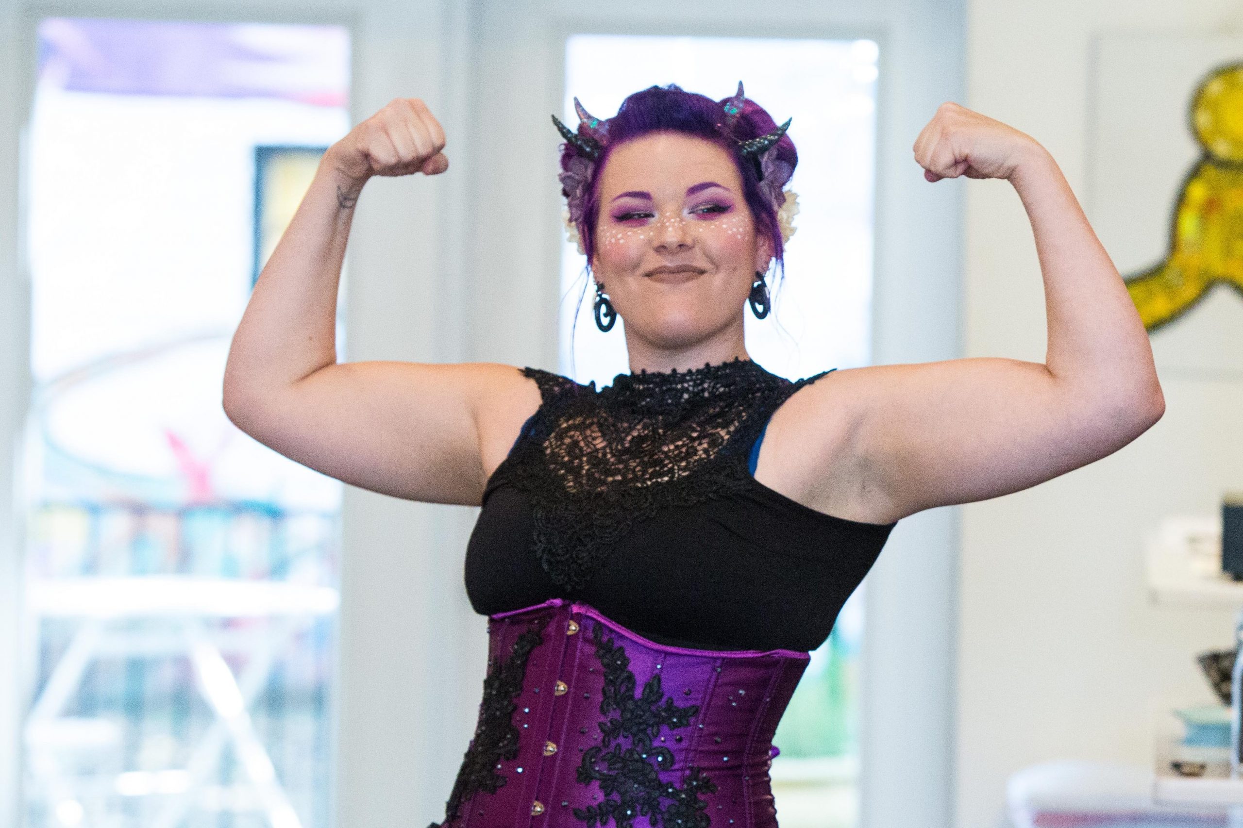 Sideshow artist Krystal Younglove flexes at the York Fringe Festival